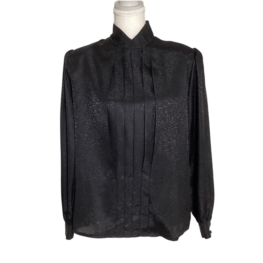 Christie & Jill Vintage Blouse Womens 10 Black Floral Jacquard Victorian Goth